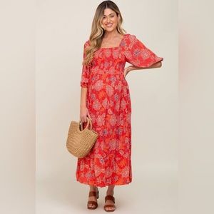 Red Floral Smocked Square Neck Maxi Dress